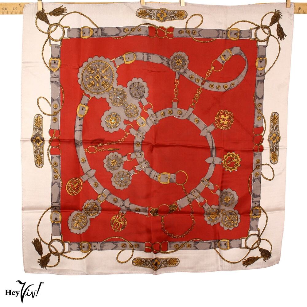 Vintage Herman Pecker Scarf Hand Printed Equestrian Chain Motif Japan - Hey Viv